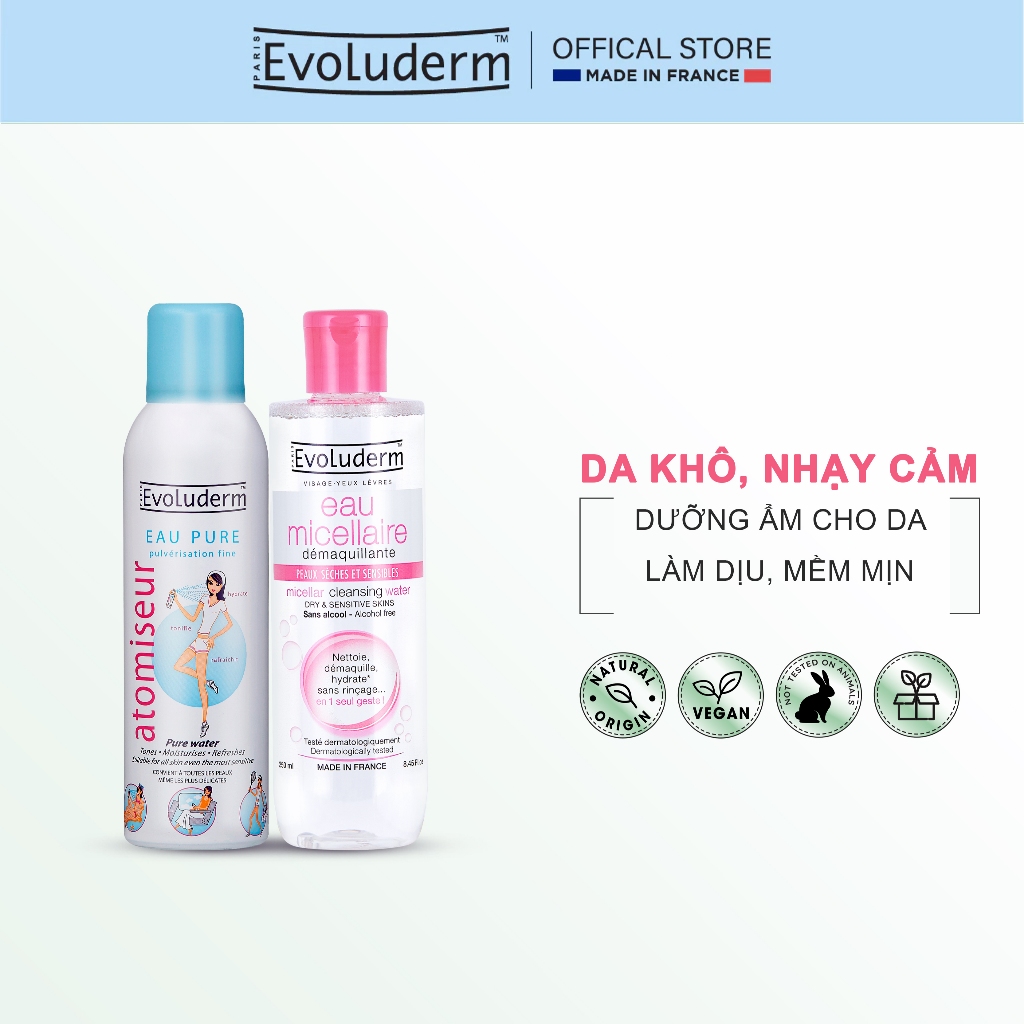 COMBO Xịt Khoáng Evoluderm PURE WATER 150ml Và Nước Tẩy Trang EVOLUDERM MICELLAR CLEANSING 250ml