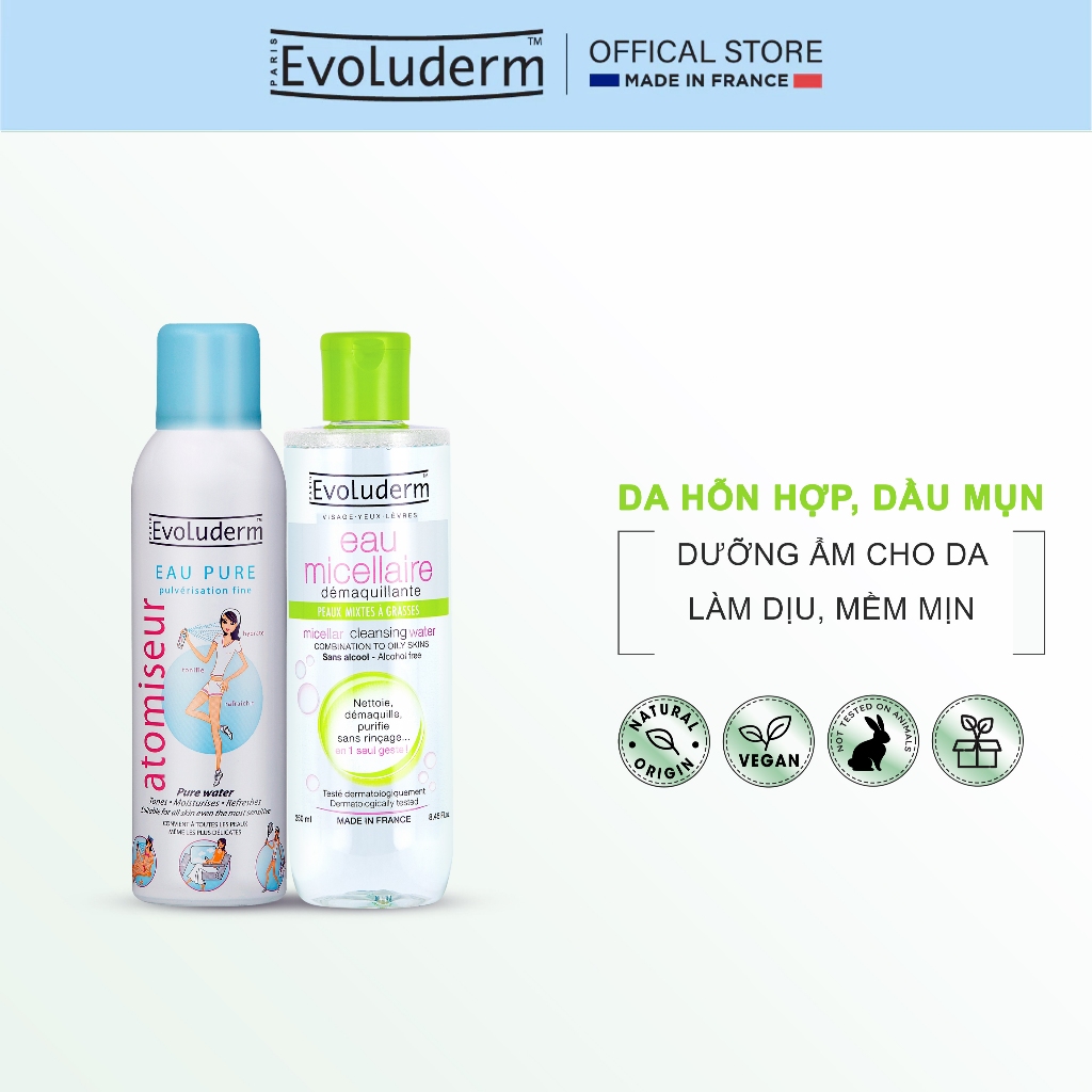 COMBO Xịt Khoáng Evoluderm PURE WATER 150ml Và Nước Tẩy Trang EVOLUDERM MICELLAR CLEANSING 250ml
