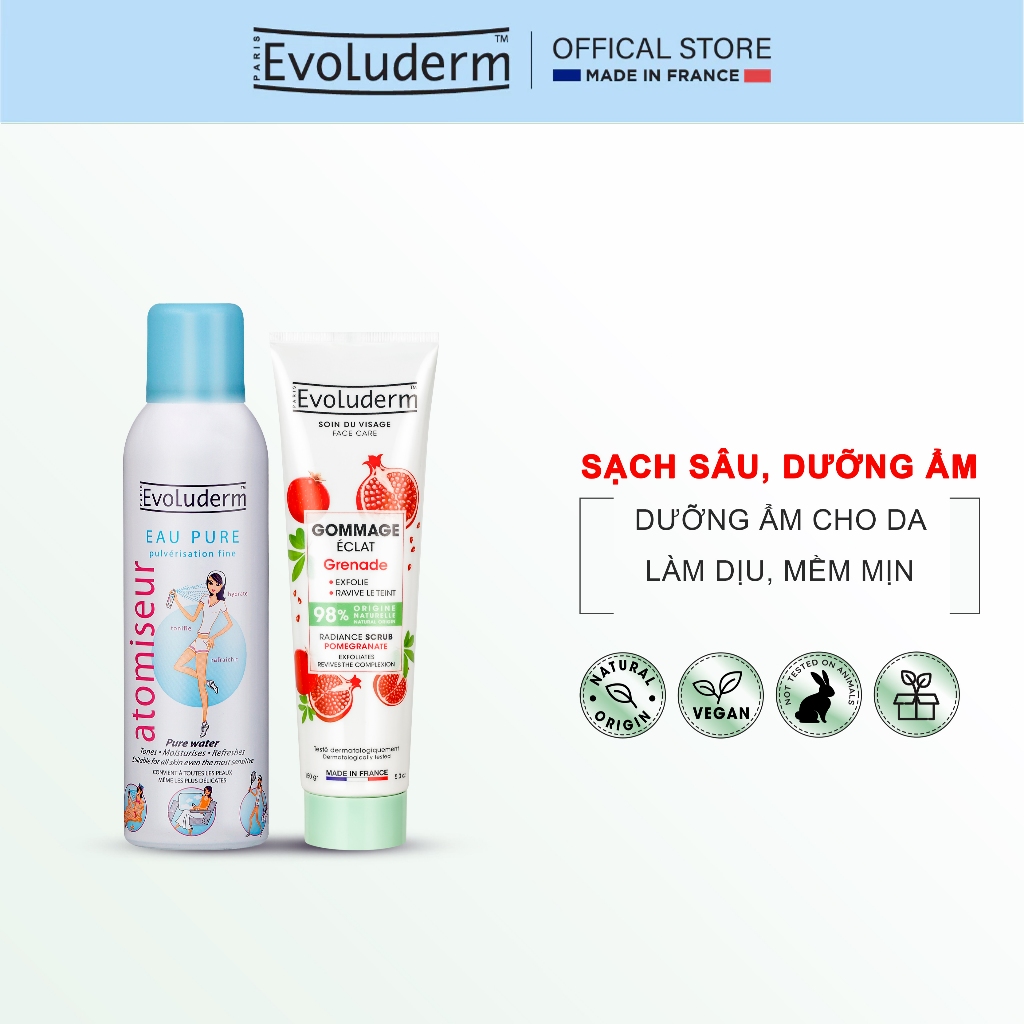 COMBO Xịt khoáng Evoluderm 150ml và Tẩy tế bào chết hương Lựu cho da mặt Evoluderm 150ml