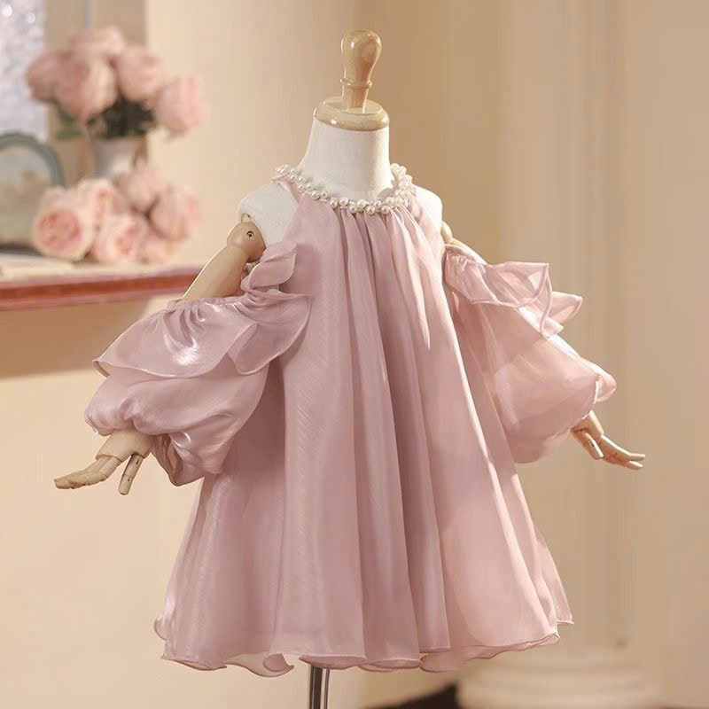 Đầm kiểu trễ vai bé gái baby doll vải tơ cổ đính hạt sang chảnh , đầm thiết kế dự tiệc tiểu thư, đầm đôi mẹ và bé gái
