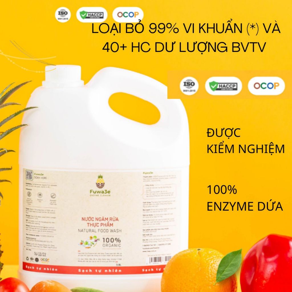 Ngâm rửa thực phẩm loại bỏ 40+ dư lượng bvtv + vi khuẩn Fuwa3e 100% eco enzyme