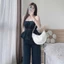 Set công sở, đồ bộ chất Jean nữ măc hè gồm áo hai dây form peplum xoè phối quần dài suông năng động