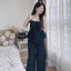 Set công sở, đồ bộ chất Jean nữ măc hè gồm áo hai dây form peplum xoè phối quần dài suông năng động
