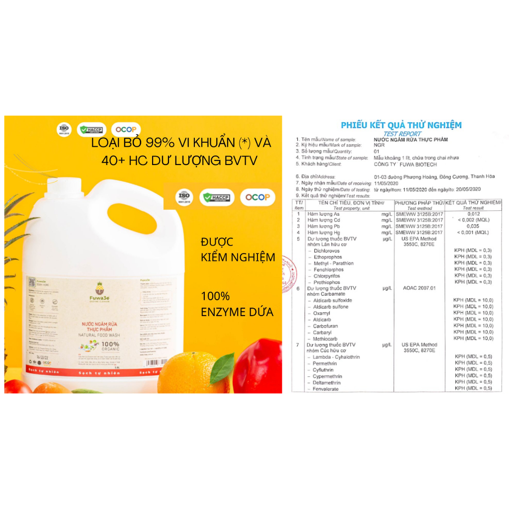 Ngâm rửa thực phẩm loại bỏ 40+ dư lượng bvtv + vi khuẩn Fuwa3e 100% eco enzyme