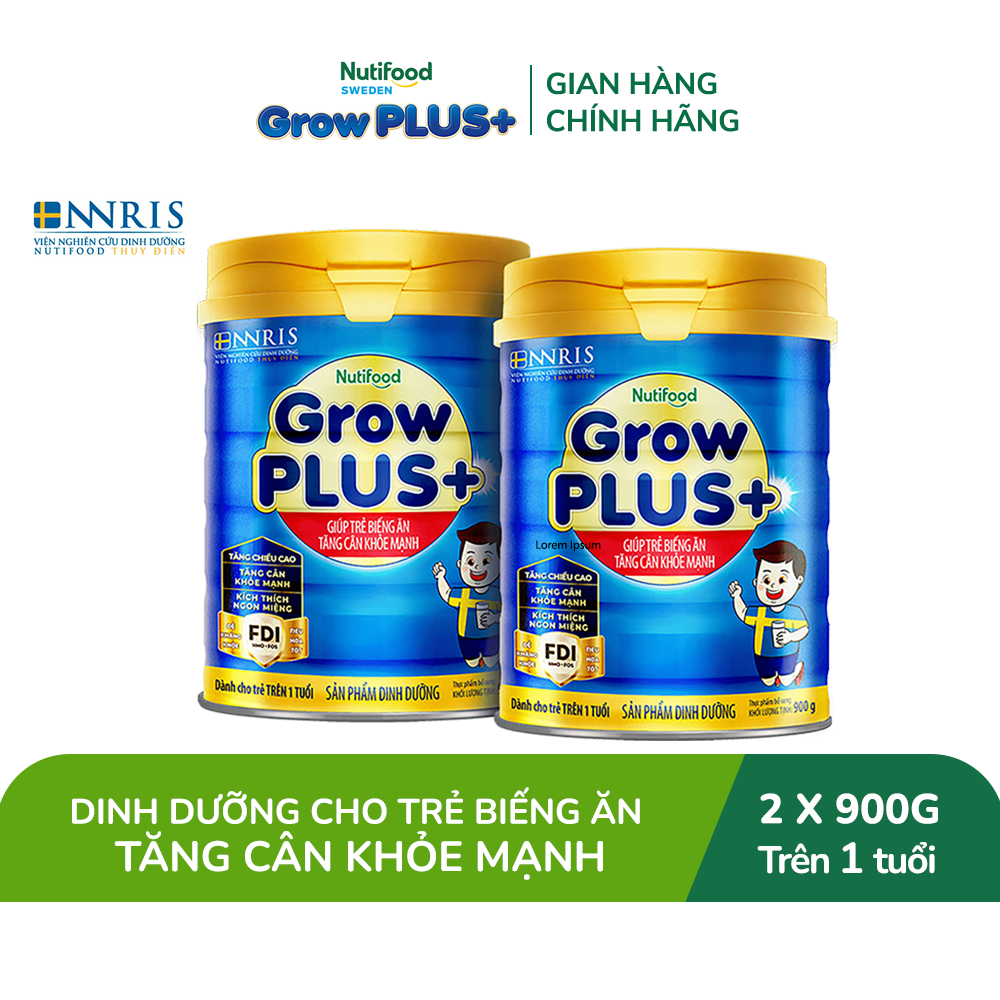 Combo 2 Sữa Bột Nutifood GrowPLUS+ Xanh (Biếng Ăn) 900g - Trên 1 Tuổi - Tăng Cân Khỏe Mạnh (2 Lon x Lon 900g)