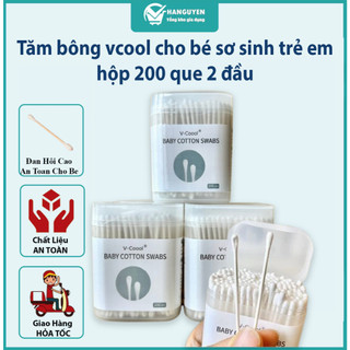 Tăm bông vcool cho bé sơ sinh trẻ em hộp 200 que 2 đầu dẹt tròn thân giấy mềm mại an toàn #A247