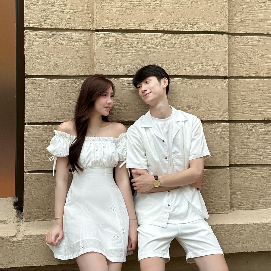 Set áo sơ mi trắng nam váy trễ vai nữ Pretty 2 lớp dày dặn, đồ đôi đi biển, chụp ảnh couple - LILACLOTHES