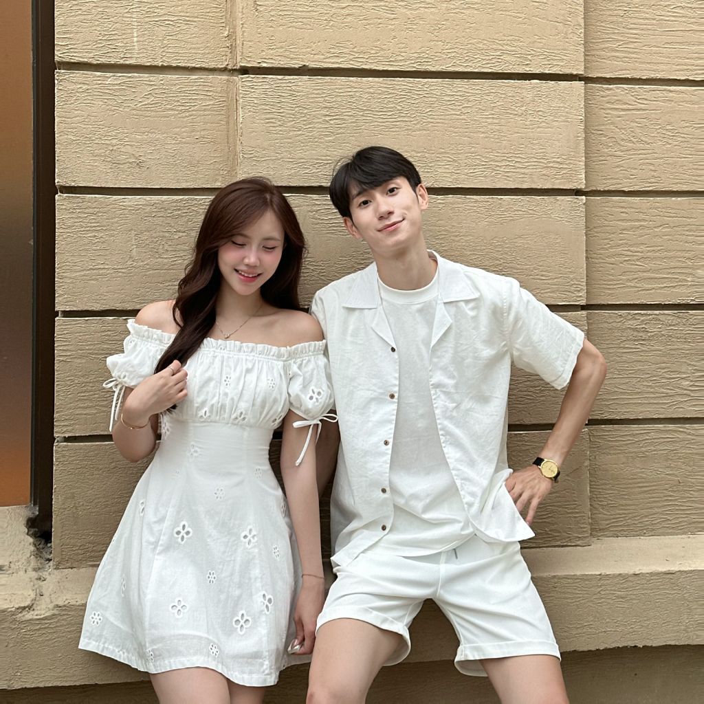 Set áo sơ mi trắng nam váy trễ vai nữ Pretty 2 lớp dày dặn, đồ đôi đi biển, chụp ảnh couple - LILACLOTHES
