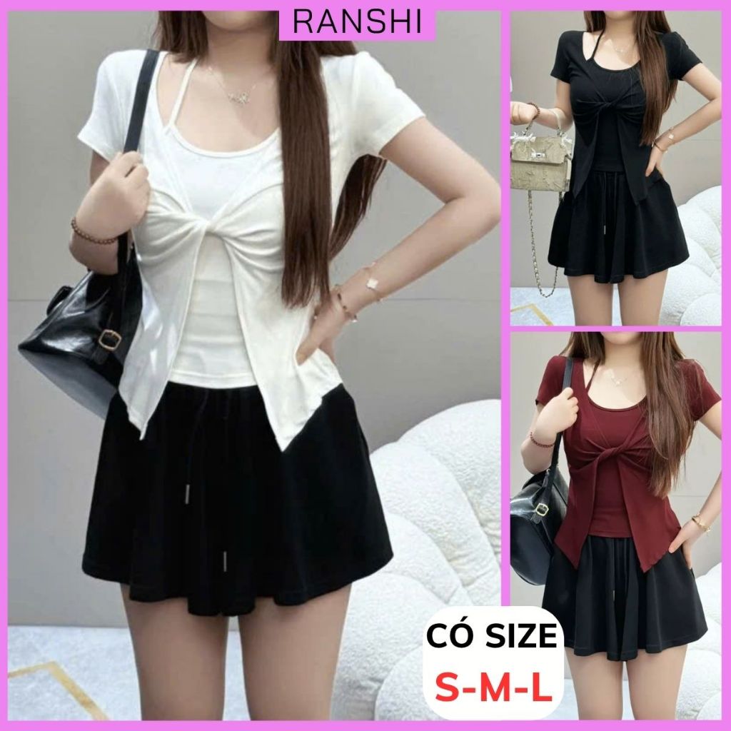 [CÓ SIZE] Áo Thun Cộc Tay Cổ Yếm Ôm Dáng Phối 2 Lớp RANSHI Mặc Đi Chơi Đi Cà Phê Chất Thun Tăm Lạnh