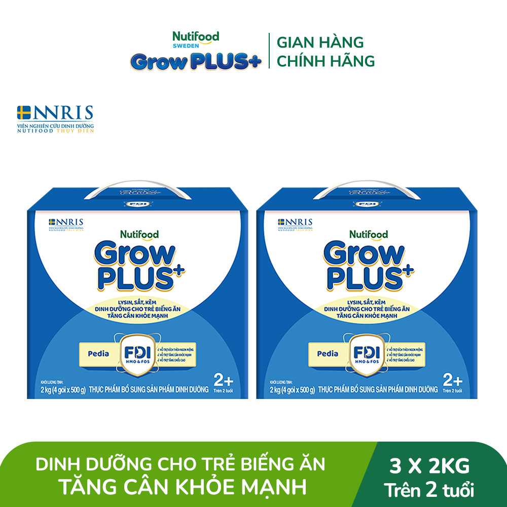 Combo 2 Sữa Bột Nutifood GrowPLUS+ Biếng Ăn (Xanh) 2+ - Tăng Cân Khỏe Mạnh (2 Hộp 2 Kg)
