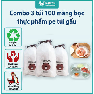 Combo 3 túi 100 màng bọc thực phẩm pe túi gấu có chun co giãn tái sử dụng tiện lợi
