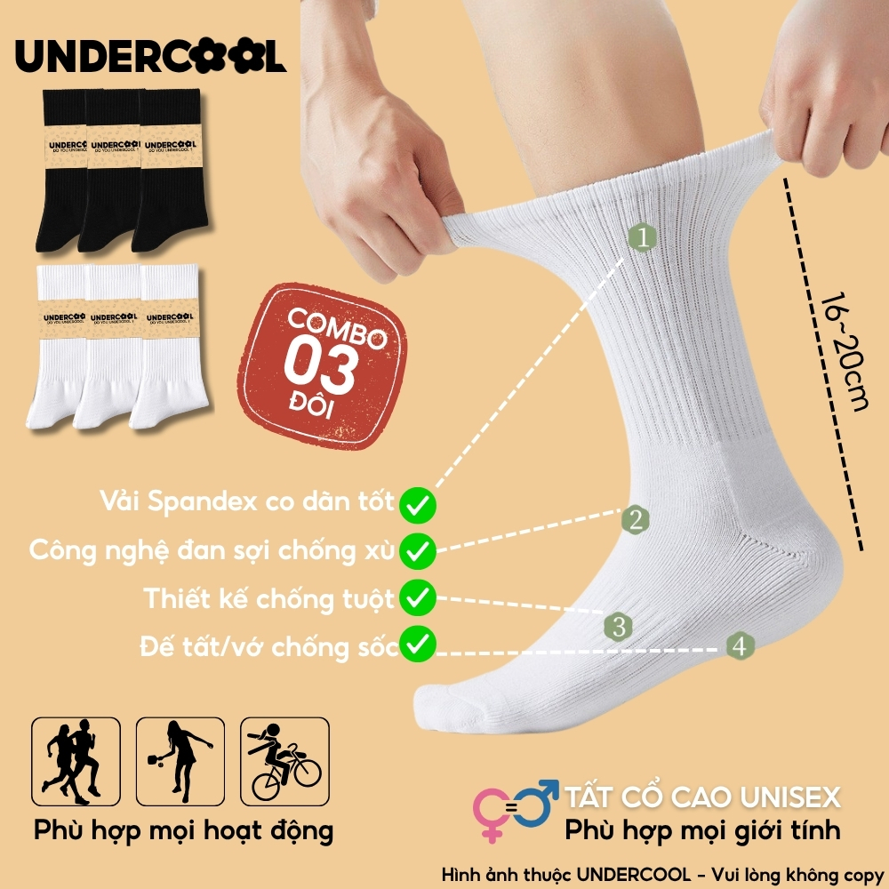 Combo 3 Đôi Vớ Tất Nữ - Nam Cổ Cao - Unisex UNDERCOOL Cotton Dày Dặn, Thoáng Khí, Co Giãn Tốt, Vớ Thể Thao Basic CB-TC91