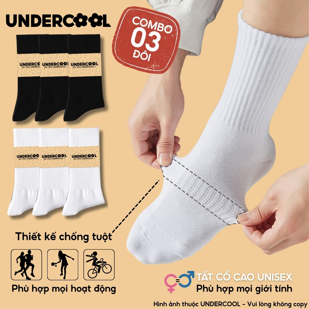 Combo 3 Đôi Vớ Tất Nữ - Nam Cổ Cao - Unisex UNDERCOOL Cotton Dày Dặn, Thoáng Khí, Co Giãn Tốt, Vớ Thể Thao Basic CB-TC91