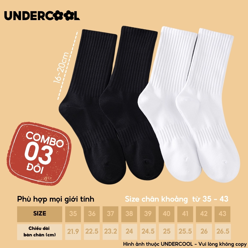 Combo 3 Đôi Vớ Tất Nữ - Nam Cổ Cao - Unisex UNDERCOOL Cotton Dày Dặn, Thoáng Khí, Co Giãn Tốt, Vớ Thể Thao Basic CB-TC91