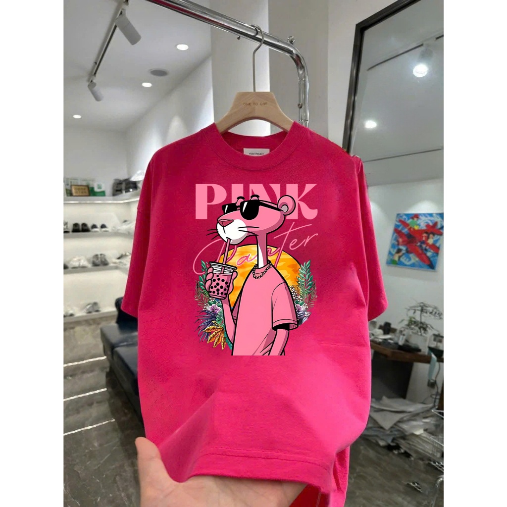 Áo thun hình Báo Hồng Pink Panther uống trà sữa phong cách mùa hè Phong Cách Streetwear Vải Cotton