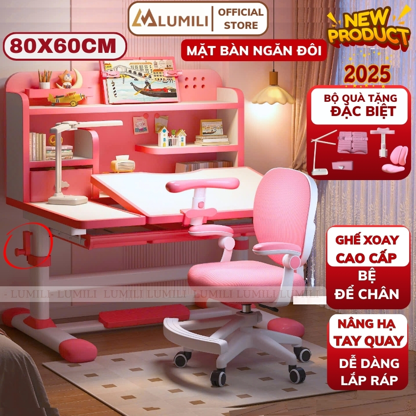 Bàn học sinh Lumili E10 plus có giá sách chống gù chống cận, bàn học chống gù cho trẻ em từ 3 đến 15 tuổi