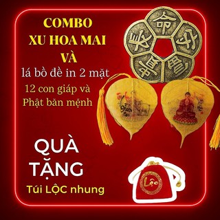 (Tặng Túi Lộc) COMBO Lá Bồ Đề Phật Bản Mệnh 12 Con Giáp và Đồng Xu Hoa Mai 5 Cánh chiêu tài phong thủy
