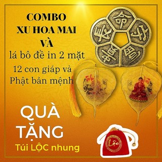 (Tặng Túi Lộc) COMBO Lá Bồ Đề Phật Bản Mệnh 12 Con Giáp và Đồng Xu Hoa Mai 5 Cánh chiêu tài phong thủy