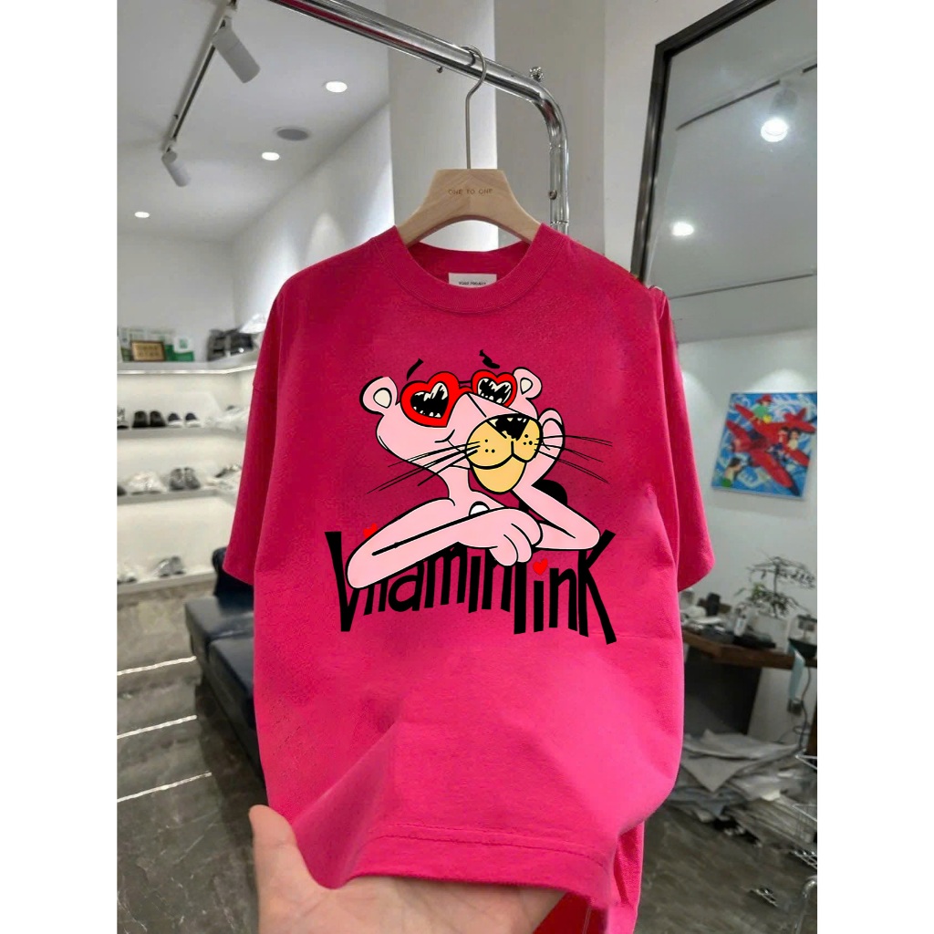 Áo thun in hình Báo HồngPink Panther Kính Trái Tim Unisex Form Rộng Tay Lỡ Cao Cấp Co Giãn 2 Chiều