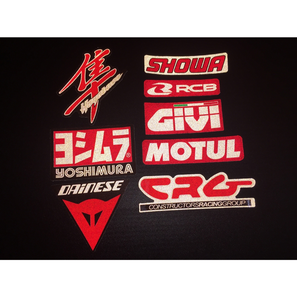 Trọn bộ 8 logo tông màu đỏ. Decal phản quang 3M của Mỹ. Sticker hình dán cao cấp chống nước, không bay màu