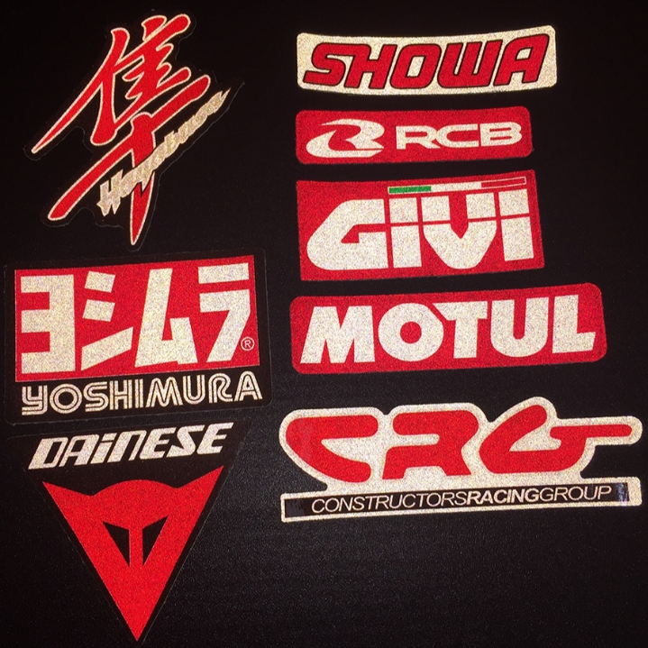 Trọn bộ 8 logo tông màu đỏ. Decal phản quang 3M của Mỹ. Sticker hình dán cao cấp chống nước, không bay màu