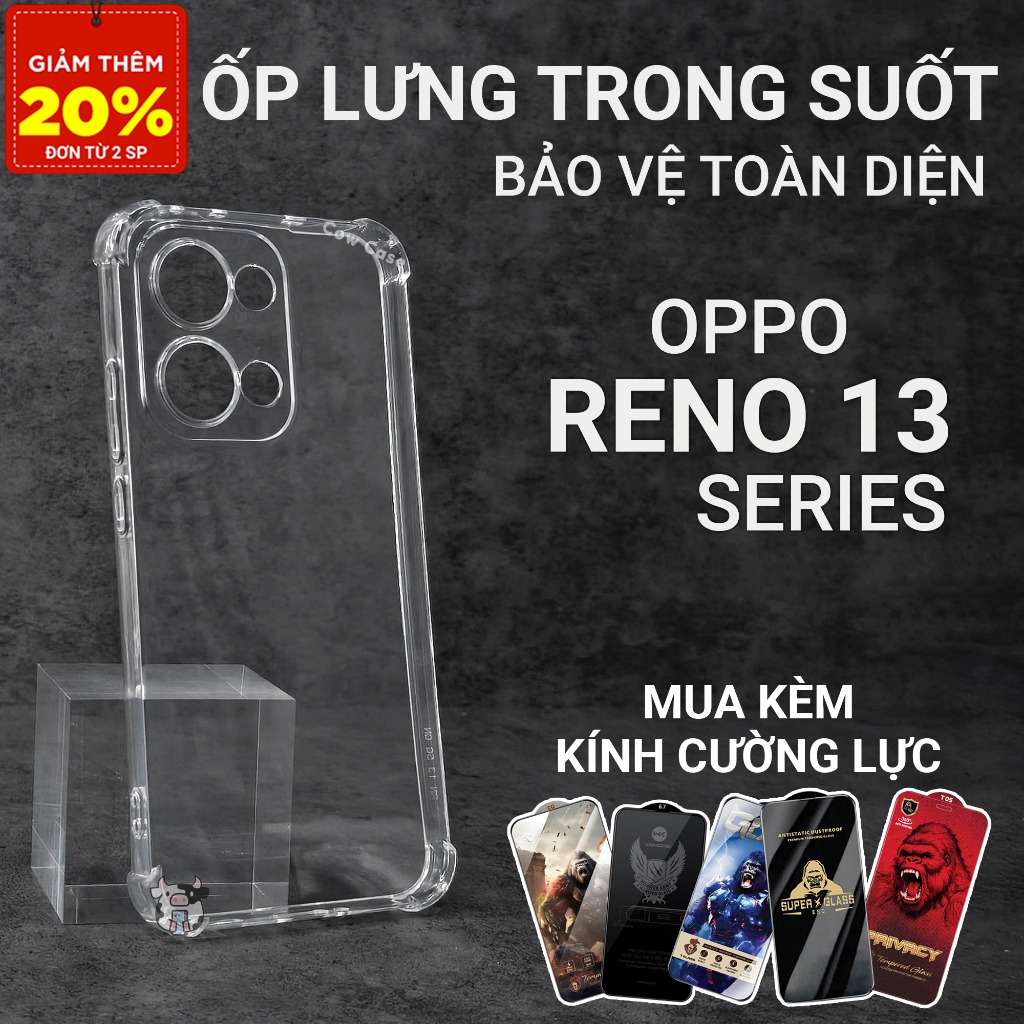 Ốp lưng Oppo Reno 13F, 13, 13 Pro 5G Cowcase trơn trong suốt | Ốp điện thoại Oppo dẻo bảo vệ camera đt toàn diện