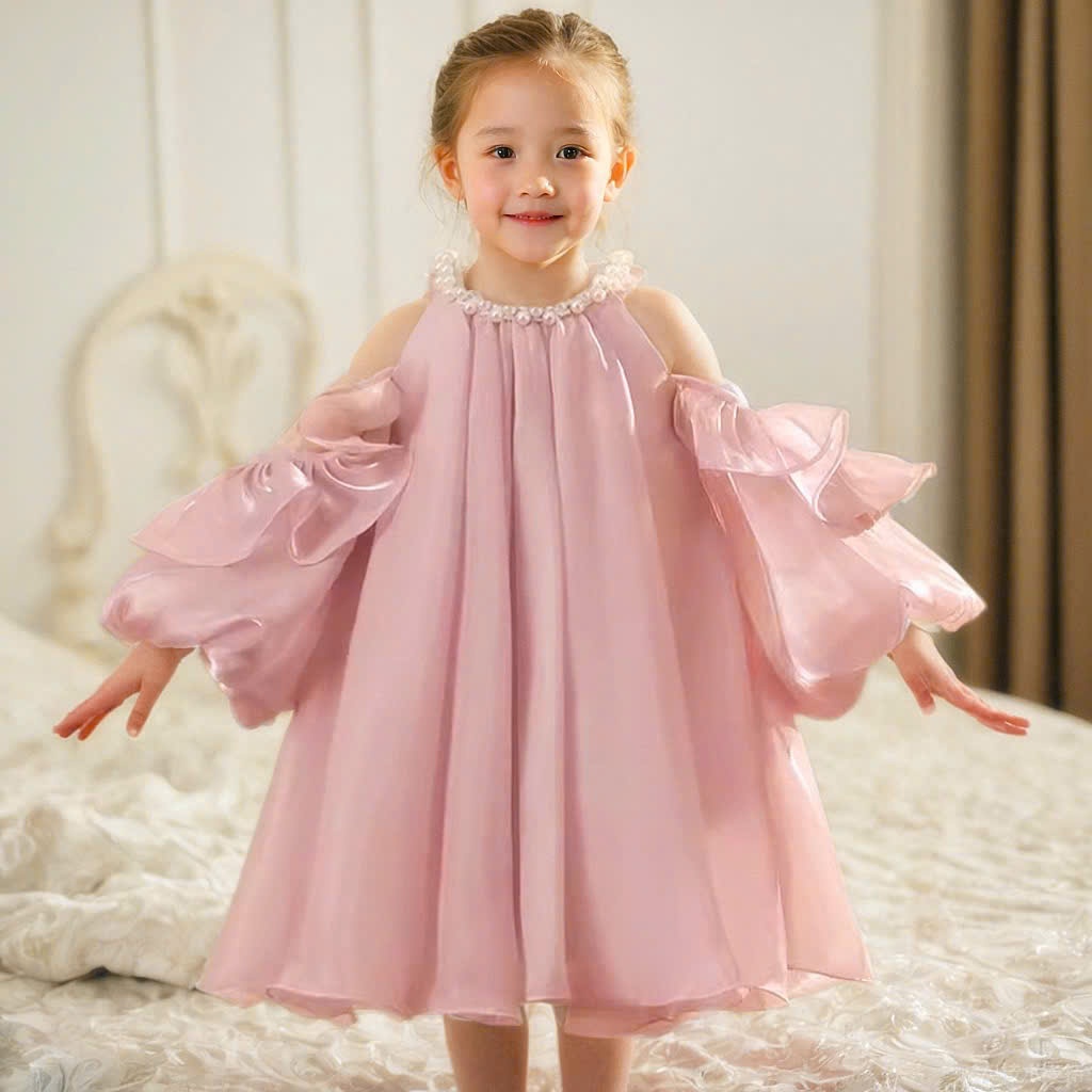 Đầm kiểu trễ vai bé gái baby doll vải tơ cổ đính hạt sang chảnh , đầm thiết kế dự tiệc tiểu thư, đầm đôi mẹ và bé gái