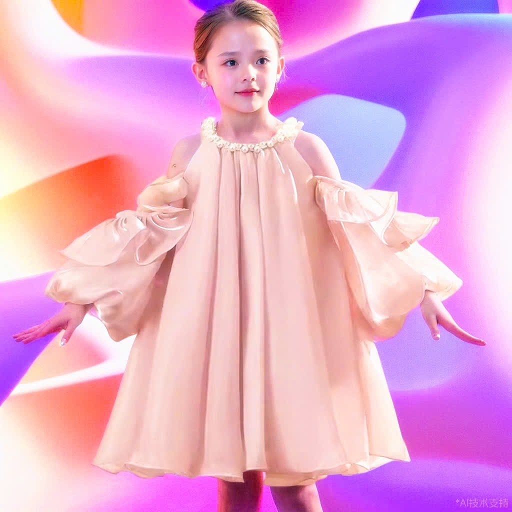 Đầm kiểu trễ vai bé gái baby doll vải tơ cổ đính hạt sang chảnh , đầm thiết kế dự tiệc tiểu thư, đầm đôi mẹ và bé gái