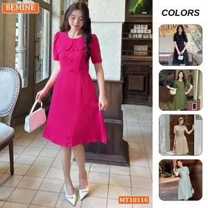 Đầm thiết kế BEMINE cổ tròn vạt giả đính cúc dáng chữ A phù hợp đi làm, đi chơi-MT10116