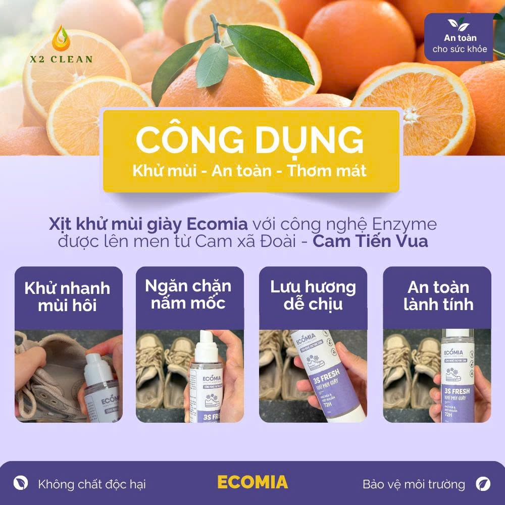 Xịt Khử Mùi Giày ECOMIA 100ml, Khử Mùi Hôi Giày Dép, Kháng Khuẩn, Khử Mùi Giày Thể Thao Hiệu Quả
