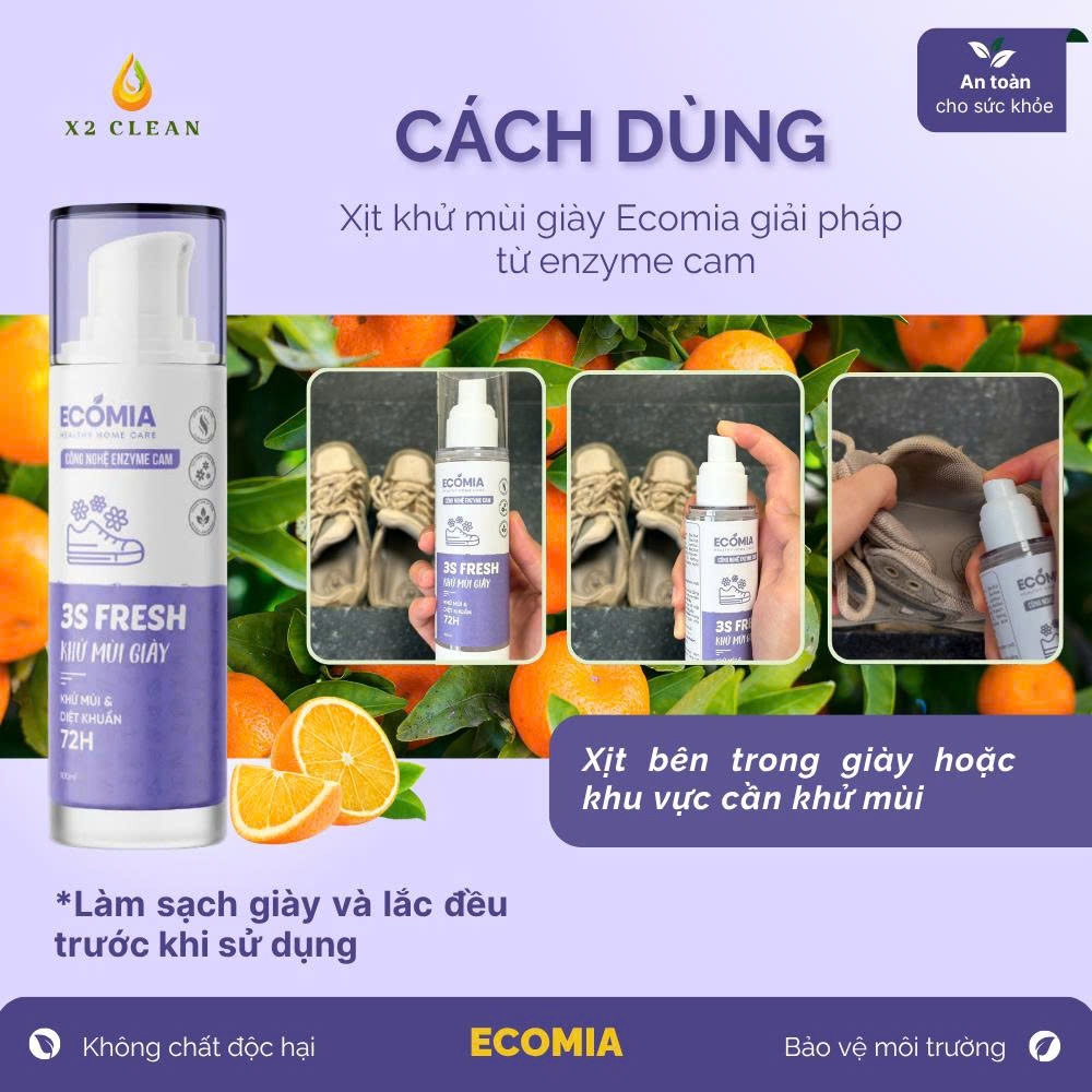Xịt Khử Mùi Giày ECOMIA 100ml, Khử Mùi Hôi Giày Dép, Kháng Khuẩn, Khử Mùi Giày Thể Thao Hiệu Quả