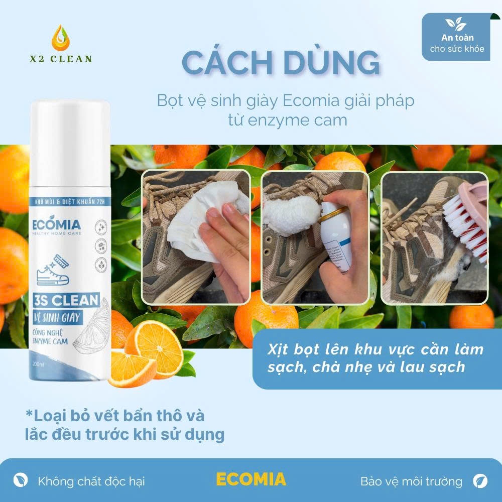 Xịt Vệ Sinh Giày 3S Clean ECOMIA 100ml, Chai Vệ Sinh Giày Khô Sạch Và Khử Mùi Hôi Giày