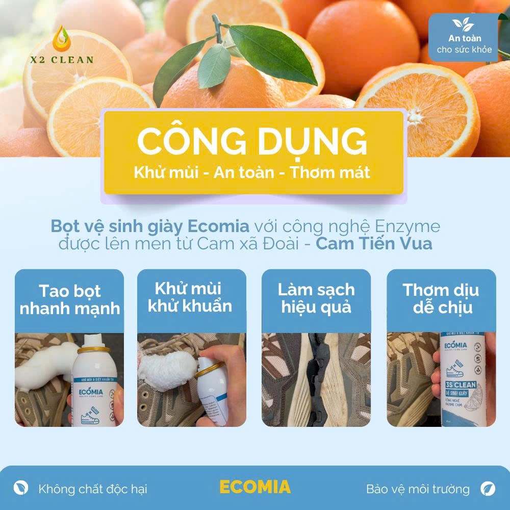 Xịt Vệ Sinh Giày 3S Clean ECOMIA 100ml, Chai Vệ Sinh Giày Khô Sạch Và Khử Mùi Hôi Giày