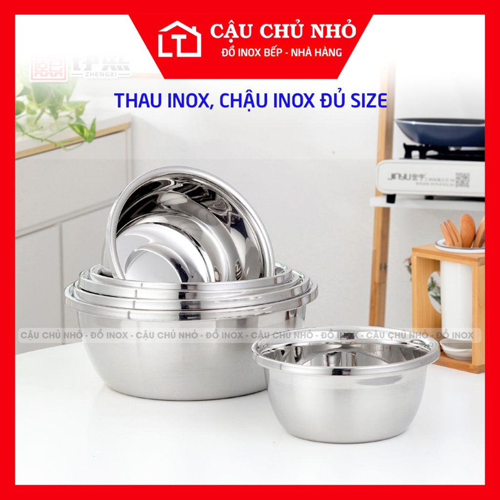Combo 5 chậu inox size 20-28cm, set 5 thau inox 304 sáng bóng, dày dặn ...
