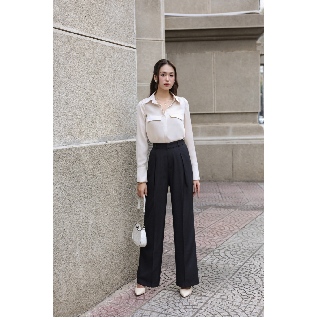 MAYBI Quần culottes ống suông xếp ly cotton lạnh