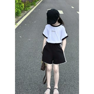 [B&G] Sét bộ thể thao áo thun trắng kèm quần đùi đen phối sọc cho bé gái từ 12-45kg(2-12 tuổi)