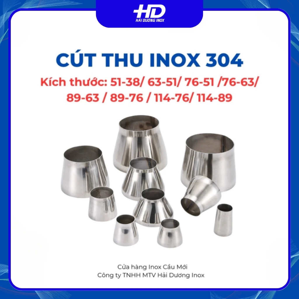 Cút thu inox 304 (100%) sáng bóng, kích thước 51-38/63-51/76-51/76-63/ ...