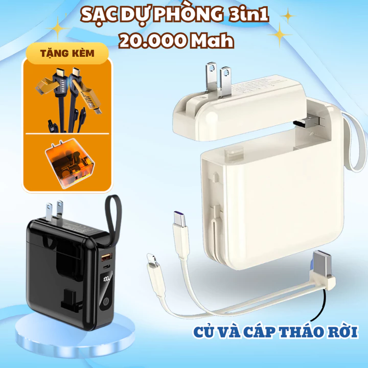 Sạc dự phòng kèm củ sạc có 2 cáp sạc nhanh dung lượng lớn 20000 mAh, có thể tháo rời sạc dự phòng nhanh 3IN1
