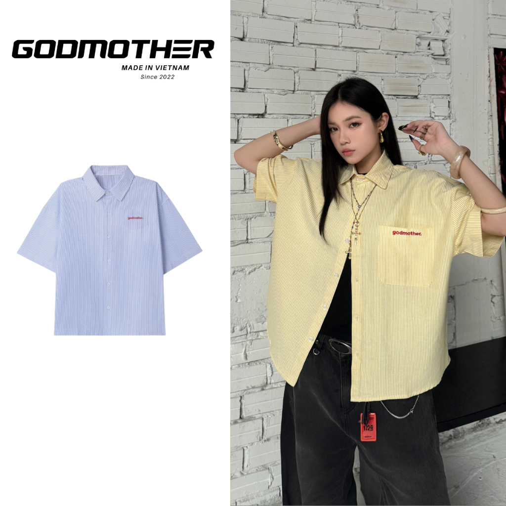 Áo Sơ Mi Nam Oxford GODMOTHER Kẻ Sọc Tay Ngắn Form Boxy Cổ Bẻ Vàng/ Xanh Menswear