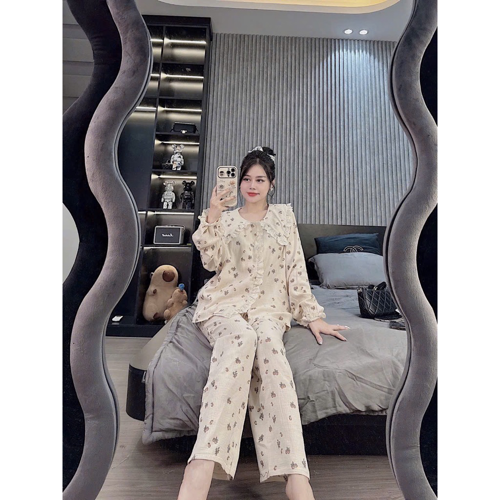 Set bộ pijama chất XÔ MUSLIN phối ren mềm dễ thương