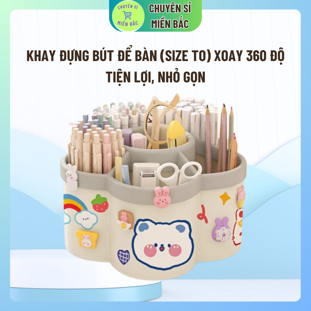 Khay đựng bút để bàn (size to) xoay 360 độ, hình bông hoa dung tích lớn