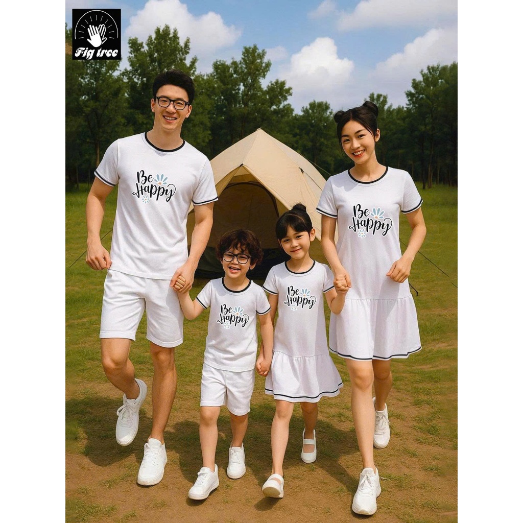 Đồ Gia Đình, Áo Thun Gia Đình Fig Tree, Set Thun Cotton Cổ Tròn Phối Viền, in hình BE HAPPY Cực Xinh