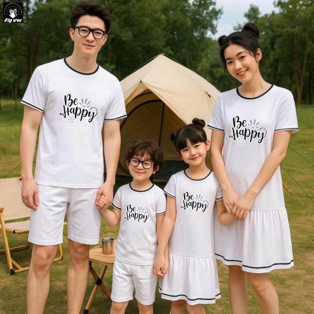 Đồ Thun Gia đình Fig Tree,Thun Cotton Màu Trắng Viền Đen in chữ BE HAPPY (hàng thiết kế, full size)
