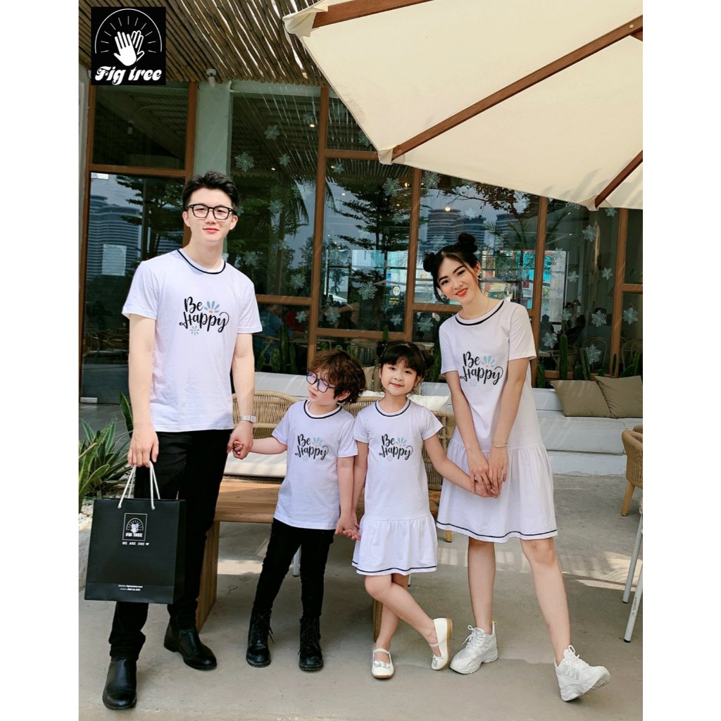 Đồ Thun Gia đình Fig Tree,Thun Cotton Màu Trắng Viền Đen in chữ BE HAPPY (hàng thiết kế, full size)