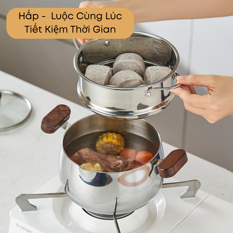 Bộ Nồi Hấp Inox 304 Size 16cm – Tay Cầm Gỗ Óc Chó, Nắp Kính Dễ Quan Sát – Hấp, Luộc, Nấu Cháo Sữa Cho Bé  | 312