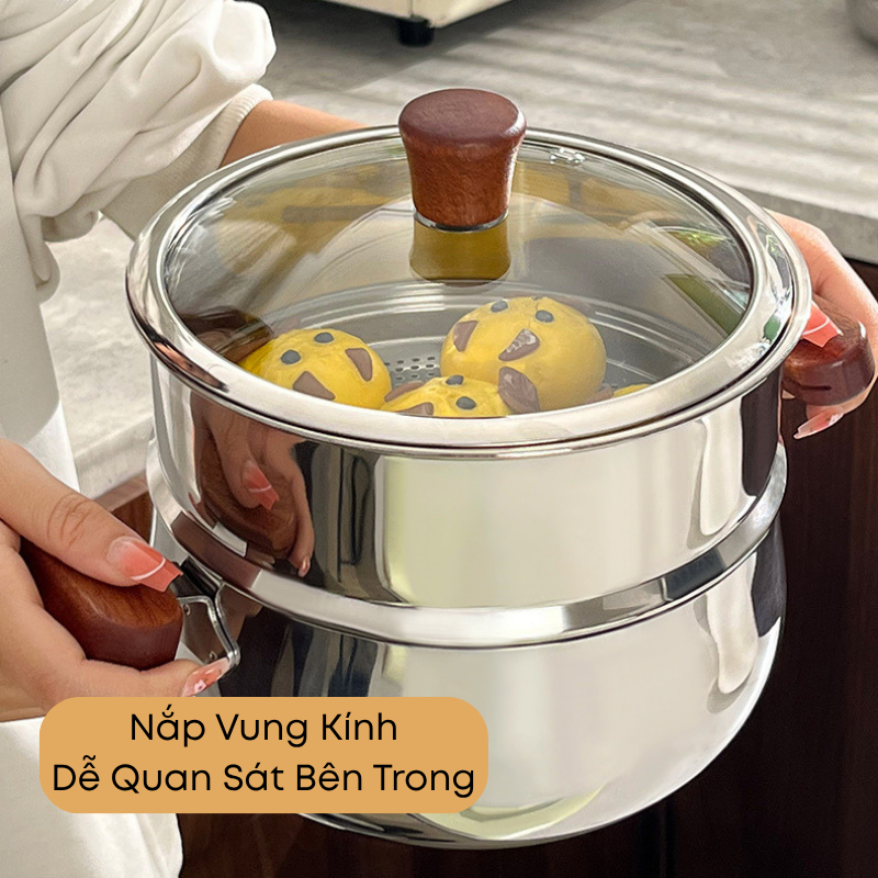 Bộ Nồi Hấp Inox 304 Size 16cm – Tay Cầm Gỗ Óc Chó, Nắp Kính Dễ Quan Sát – Hấp, Luộc, Nấu Cháo Sữa Cho Bé  | 312