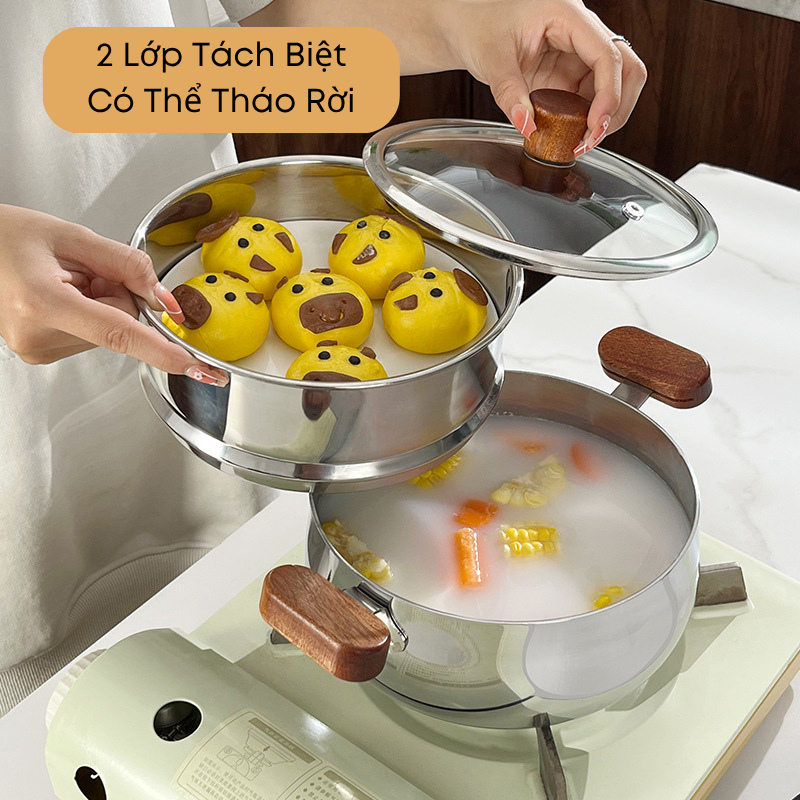 Bộ Nồi Hấp Inox 304 Size 16cm – Tay Cầm Gỗ Óc Chó, Nắp Kính Dễ Quan Sát – Hấp, Luộc, Nấu Cháo Sữa Cho Bé  | 312