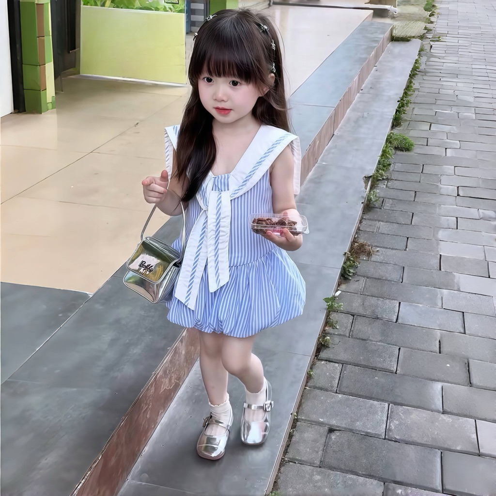 Sét váy kẻ sọc ba màu cho bé gái 8-20kg chất đũi mát