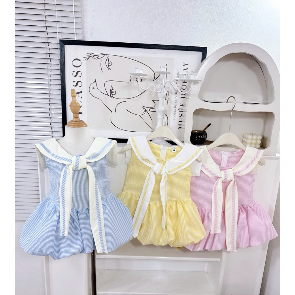 Sét váy kẻ sọc ba màu cho bé gái 8-20kg chất đũi mát