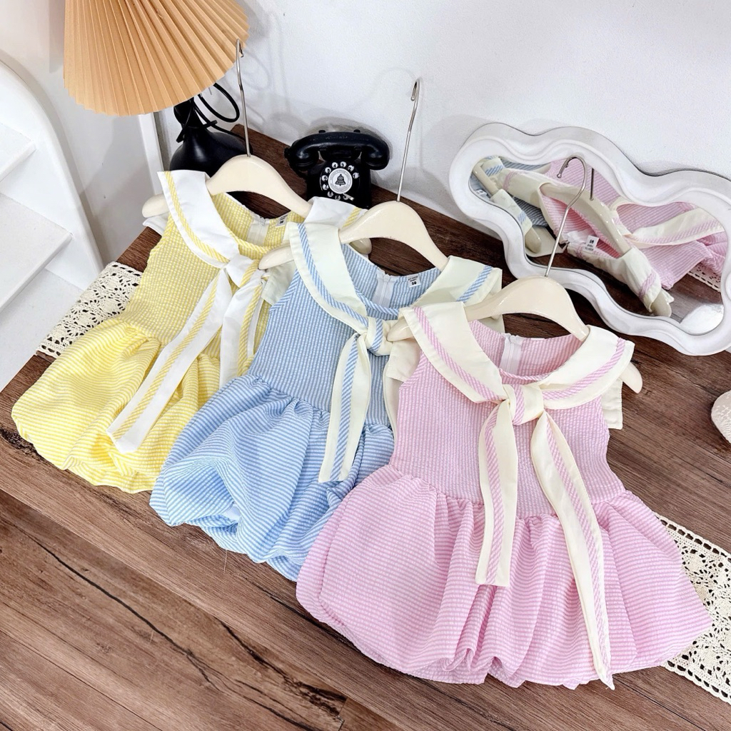 Sét váy kẻ sọc ba màu cho bé gái 8-20kg chất đũi mát